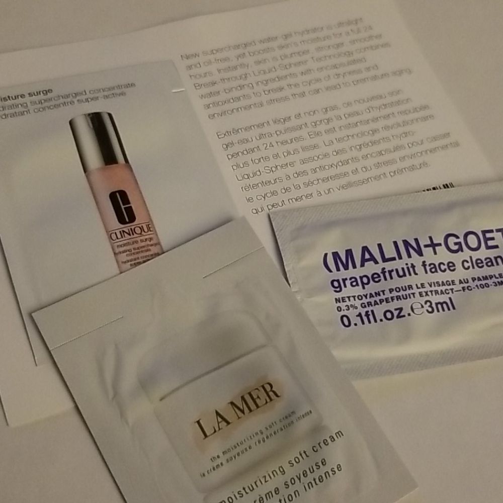 4/25 bundle item. La Mer, Clinique Moisturizers, Malin+Goetz Packets